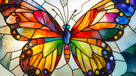 Stunning Stained Glass Butterfly Wallpaper creating a magical glow in a modern living room with high ceilings