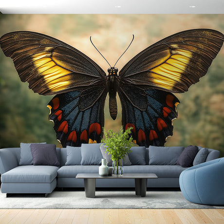Black and gold butterfly wall mural creating a stunning focal point in a modern living room with red accent furniture
