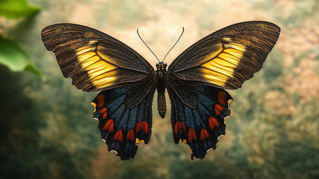 Butterfly wall mural design file showing detailed black and gold wing pattern with red accents
