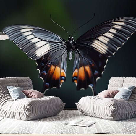 Black and orange butterfly wing macro wallpaper in a modern living room with gray sofa and natural light
