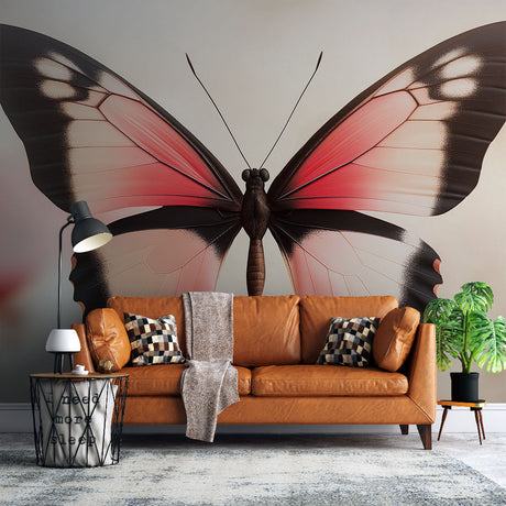 Butterfly mural wallpaper in pink and black creating a stunning focal point in a modern living room with natural light
