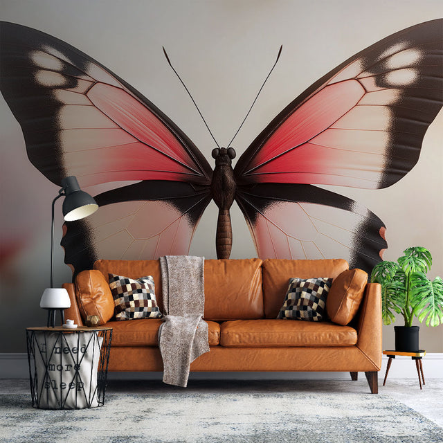 Butterfly mural wallpaper in pink and black creating a stunning focal point in a modern living room with natural light