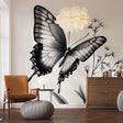 Black and white butterfly wallpaper mural creating a stunning focal point in a modern living room with minimal furniture