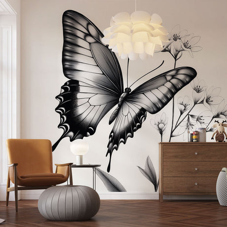 Black and white butterfly wallpaper mural creating a stunning focal point in a modern living room with minimal furniture