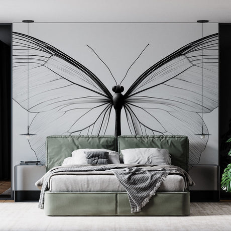 Black and white butterfly wall mural creating an elegant focal point in a bright, modern living room setting