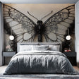 Black lace butterfly wallpaper making a bold statement in a modern dining room with clean lines and natural light