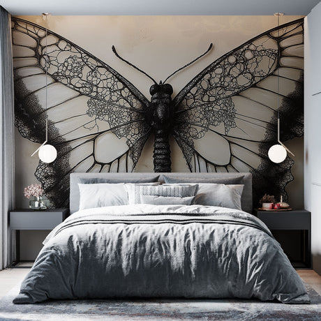 Black lace butterfly wallpaper making a bold statement in a modern dining room with clean lines and natural light