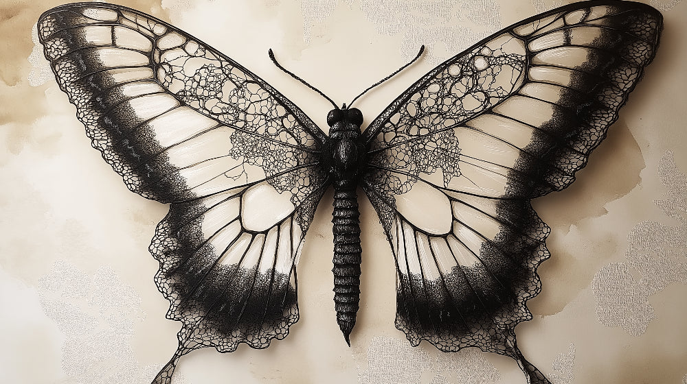 Black butterfly mural design file showing intricate lace wing patterns on beige background