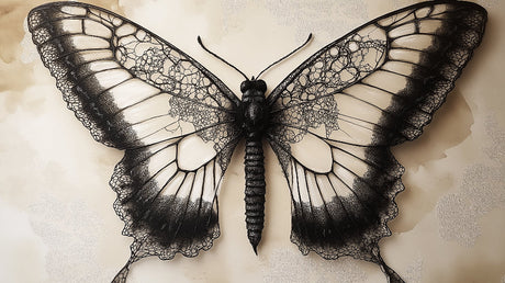 Black butterfly mural design file showing intricate lace wing patterns on beige background