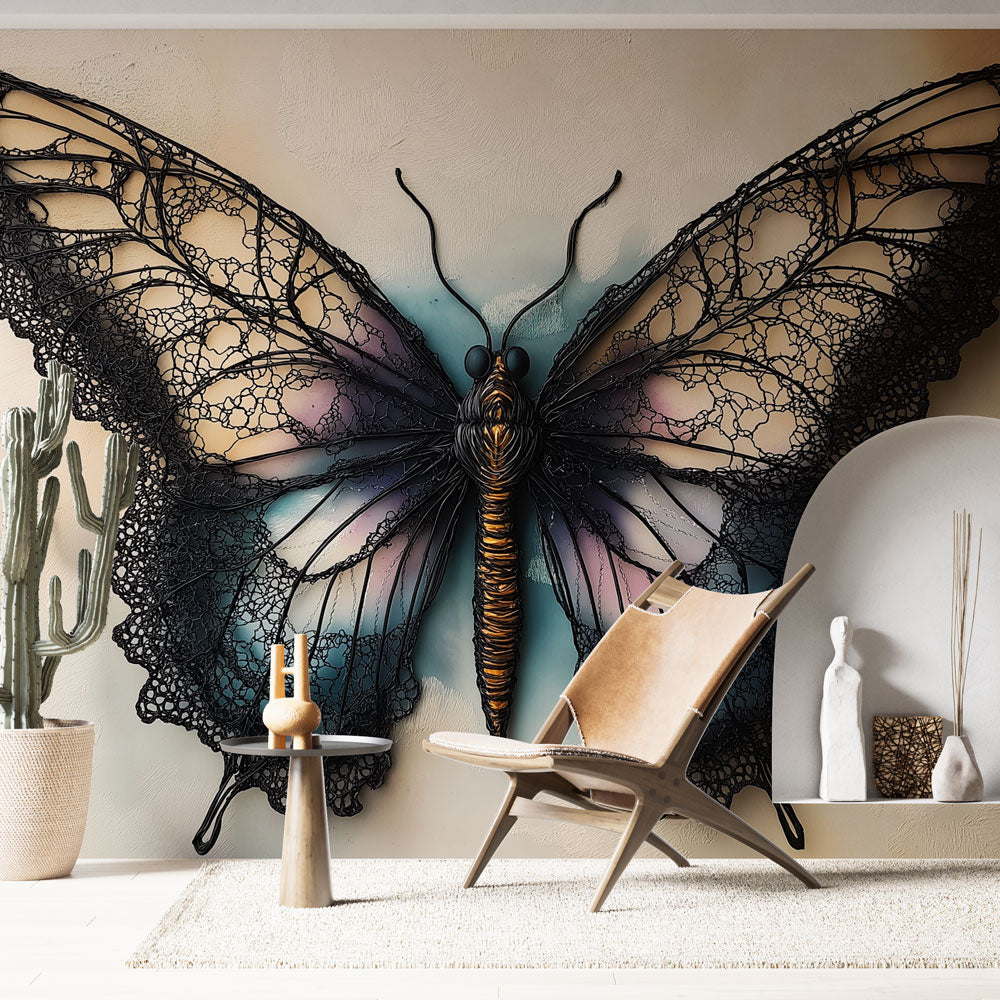 Black lace butterfly wallpaper creating a stunning focal point in a modern living room with natural lighting