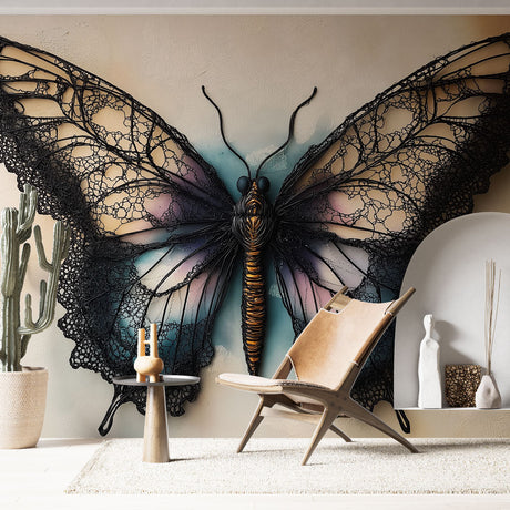 Black lace butterfly wallpaper creating a stunning focal point in a modern living room with natural lighting