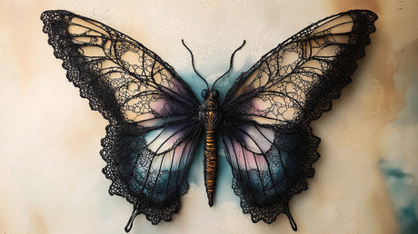Butterfly wall mural design file showing intricate black lace pattern on pastel background