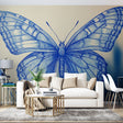 Blue butterfly line art wallpaper mural creating an elegant focal point in a bright modern living room