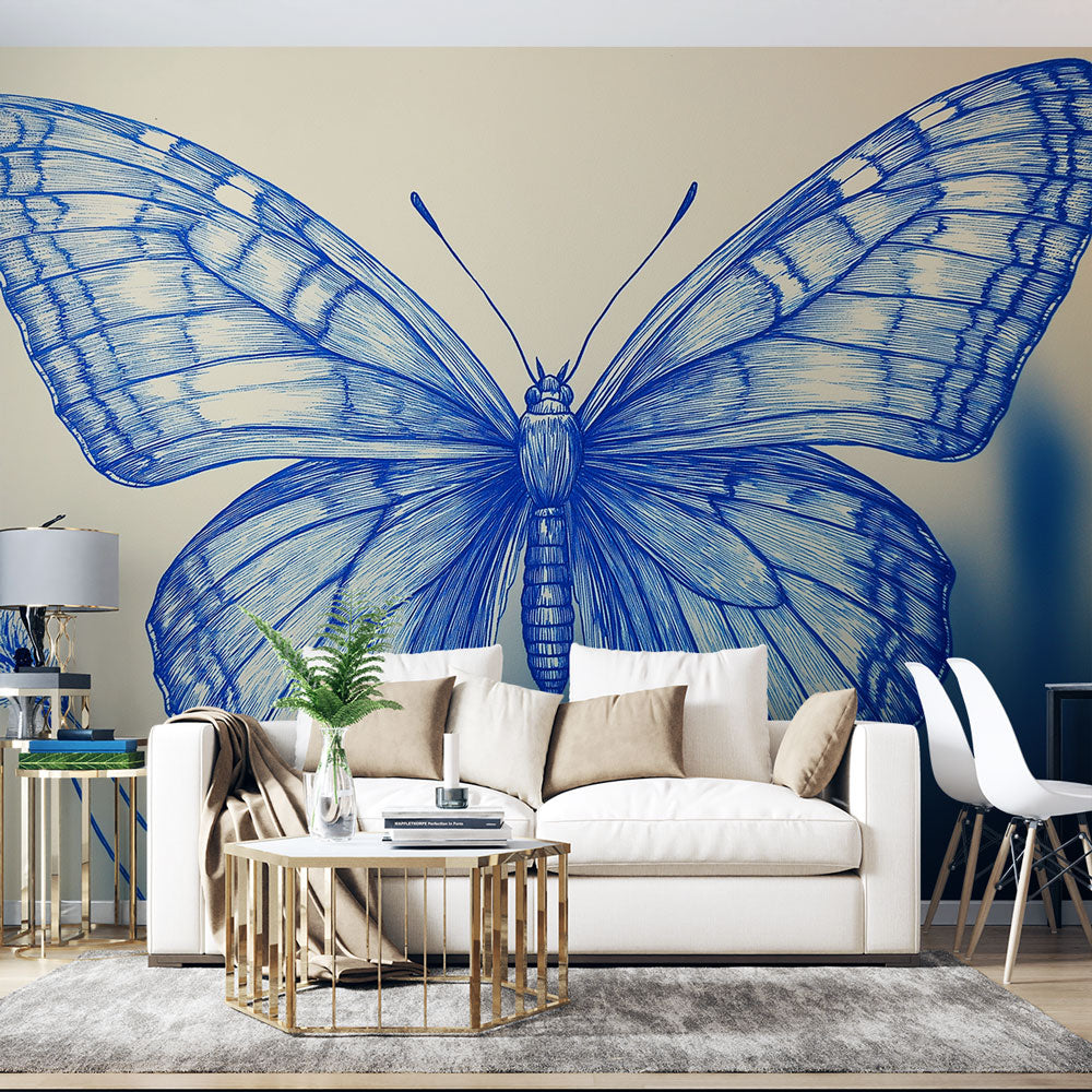 Blue butterfly line art wallpaper mural creating an elegant focal point in a bright modern living room