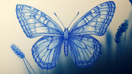 Blue butterfly line art wallpaper design file showing intricate wing pattern details