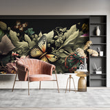 Dark floral butterfly wallpaper bringing elegance to a master bedroom setting