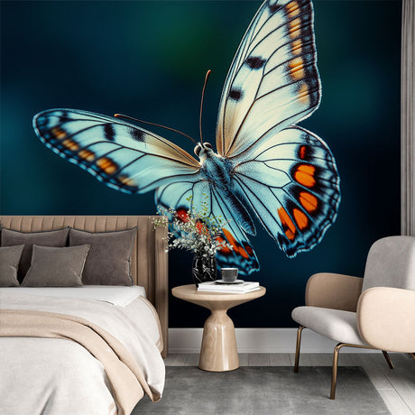 Butterfly wall mural in bright modern living room showing blue and orange wings pattern creating depth and dimension