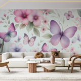 Pink and purple Butterfly wallpaper mural creating a magical atmosphere in a bright living room with natural light