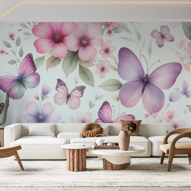 Pink and purple Butterfly wallpaper mural creating a magical atmosphere in a bright living room with natural light