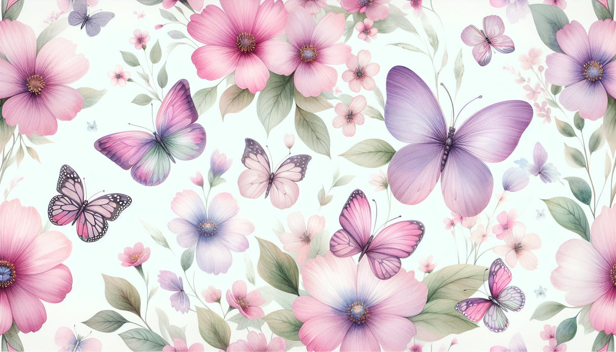 Butterfly and floral garden wallpaper design file showing detailed pink and purple wing patterns
