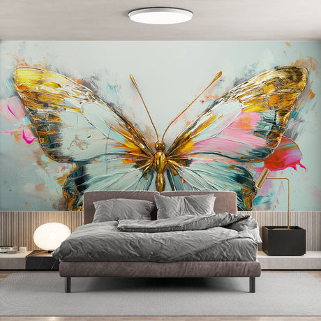 Butterfly wallpaper mural in gold and turquoise creating an artistic focal point in a bright modern living room