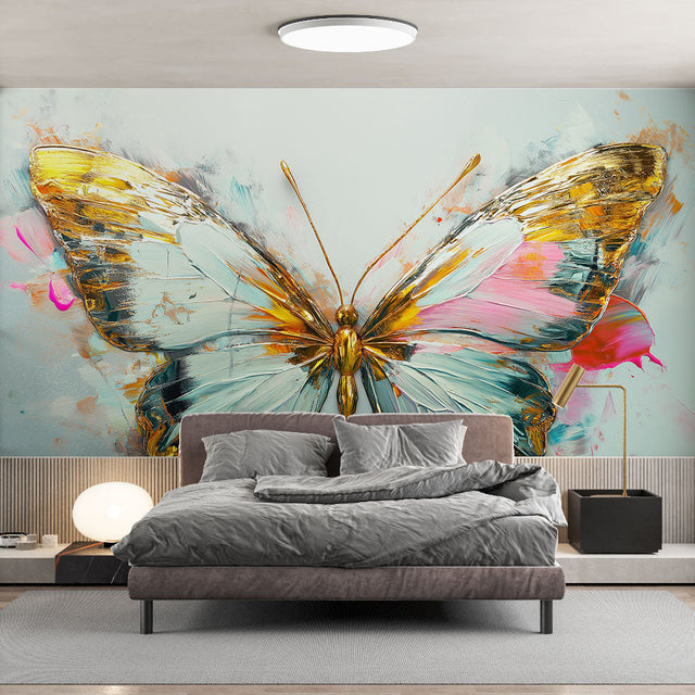 Butterfly wallpaper mural in gold and turquoise creating an artistic focal point in a bright modern living room