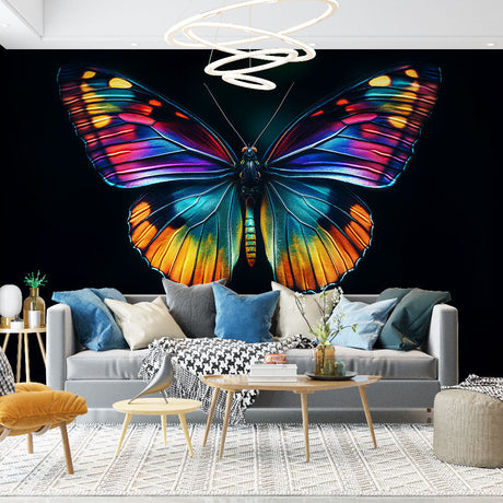 Butterfly wall mural creating a stunning accent wall in a modern living room, iridescent wings shimmering against dark background