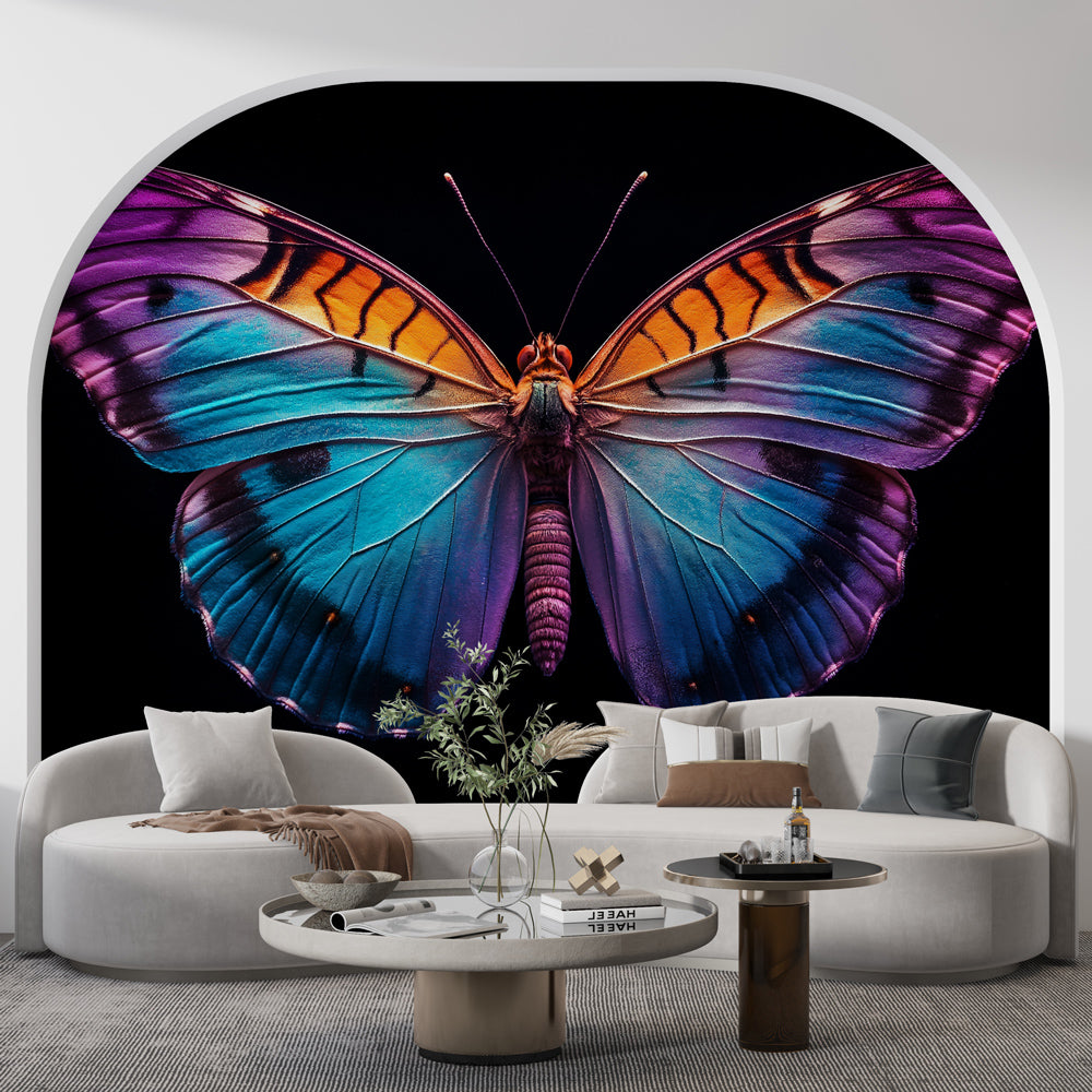 Butterfly wallpaper mural creating a stunning focal point in a modern living room with mood lighting
