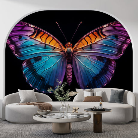 Butterfly wallpaper mural creating a stunning focal point in a modern living room with mood lighting