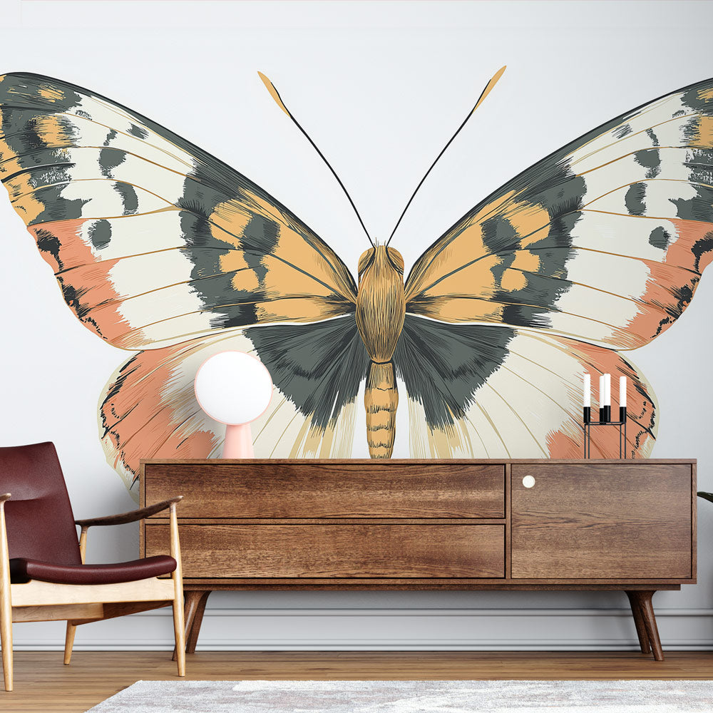Butterfly wall mural in modern living room, terracotta and grey tones creating elegant atmosphere