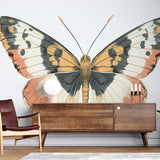 Butterfly wall mural in modern living room, terracotta and grey tones creating elegant atmosphere