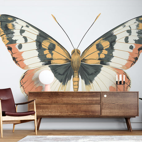 Butterfly wall mural in modern living room, terracotta and grey tones creating elegant atmosphere