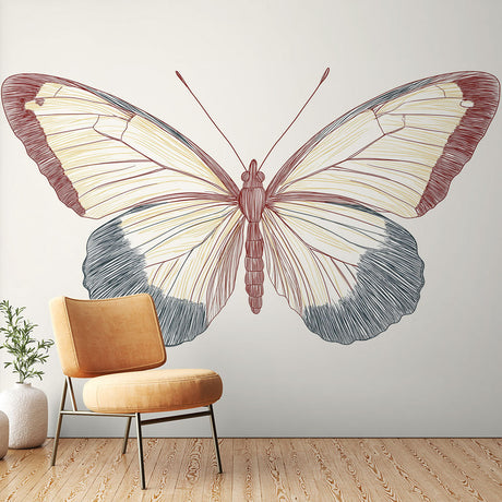 Butterfly line art wallpaper mural creating an elegant focal point in a bright, modern living room setting