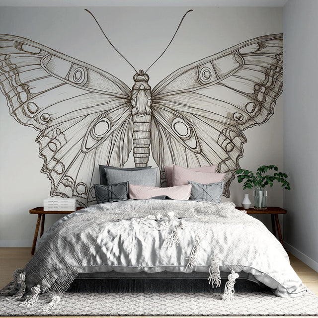 Black and white butterfly line art wallpaper creating an elegant statement wall in a modern living room setting