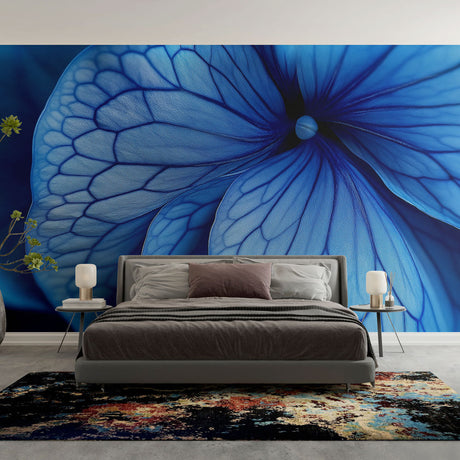 Butterfly wing wallpaper creating a stunning accent wall in a modern living room with blue and white decor