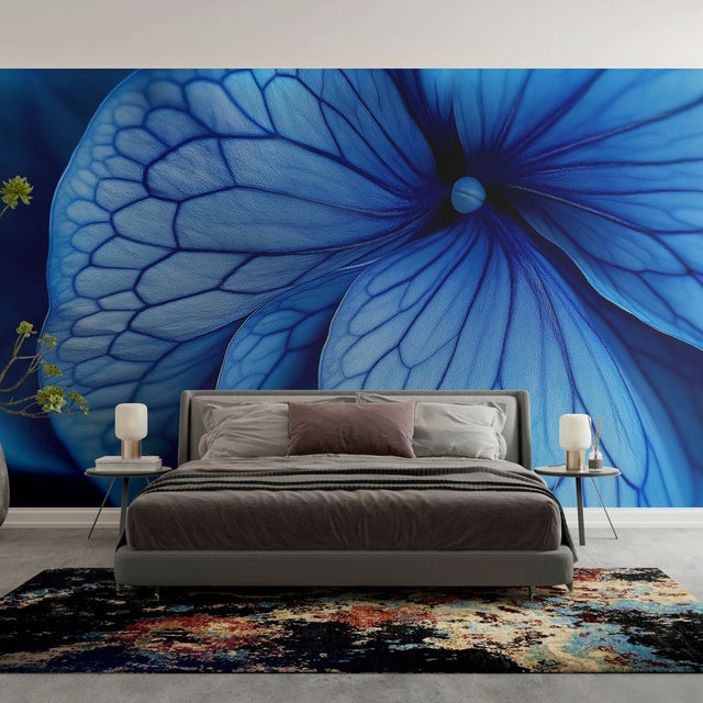Butterfly wing wallpaper creating a stunning accent wall in a modern living room with blue and white decor
