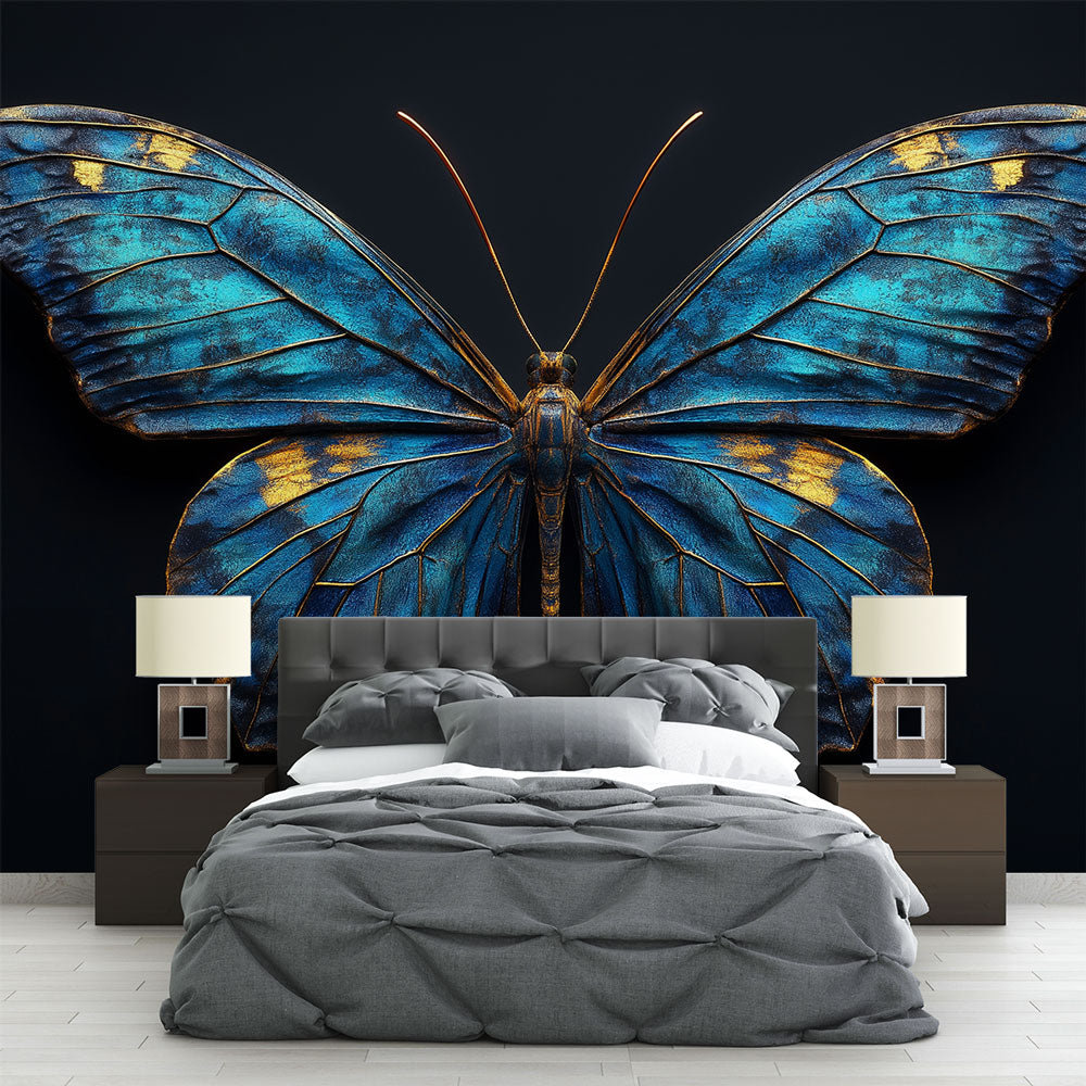 Blue and gold Butterfly Wallpaper creating a stunning accent wall in a modern living room with ambient lighting