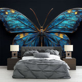 Blue and gold Butterfly Wallpaper creating a stunning accent wall in a modern living room with ambient lighting