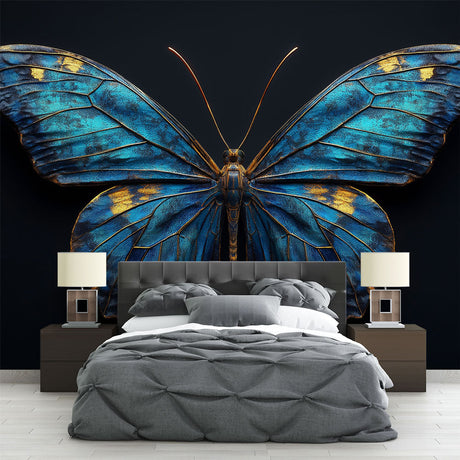 Blue and gold Butterfly Wallpaper creating a stunning accent wall in a modern living room with ambient lighting
