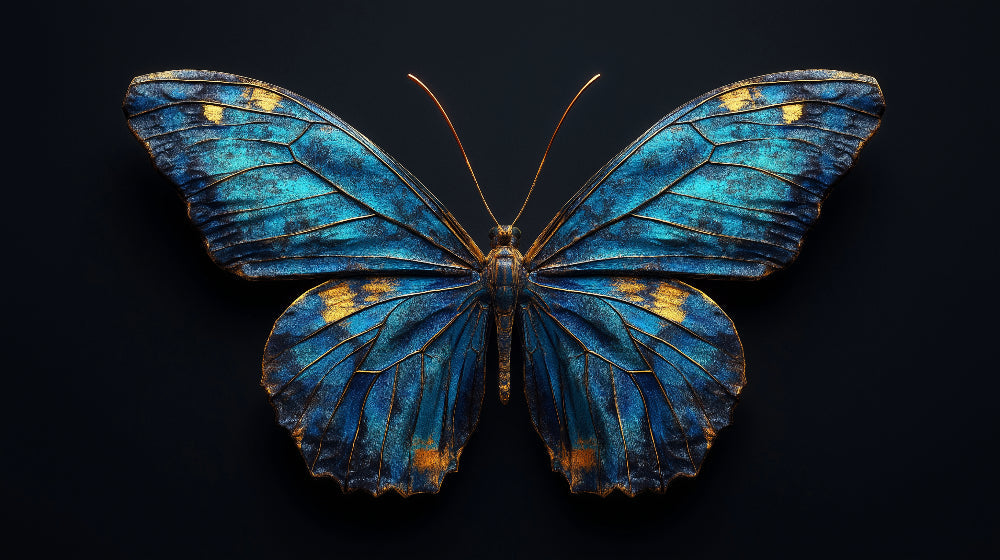 Butterfly Wallpaper design file showing detailed metallic blue and gold wing pattern on black background