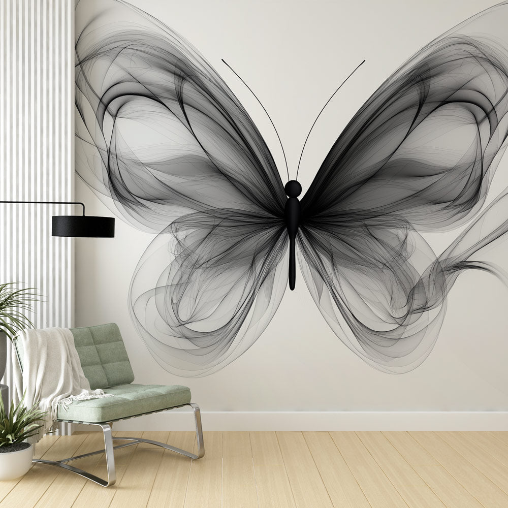 Modern Black Butterfly Wallpaper creating dramatic impact in a minimalist living room with white furniture