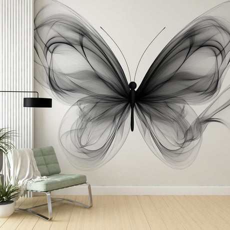 Modern Black Butterfly Wallpaper creating dramatic impact in a minimalist living room with white furniture