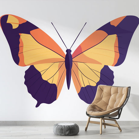 Modern Geometric Butterfly Wallpaper creating a bold statement wall in a minimalist living room with purple and yellow accents
