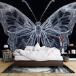 Modern butterfly line art wallpaper creating dramatic impact in a minimalist living room with natural lighting