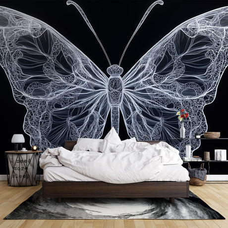 Modern butterfly line art wallpaper creating dramatic impact in a minimalist living room with natural lighting
