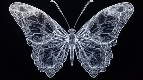 Butterfly line art wallpaper design file showing intricate white details on black background