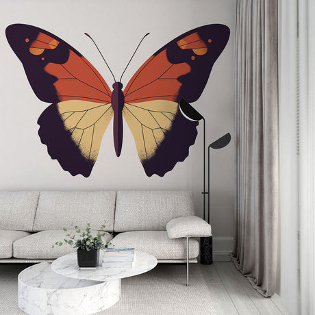 Modern Orange and Gold Butterfly Mural Wallpaper styled in a bright contemporary living room with minimal furniture
