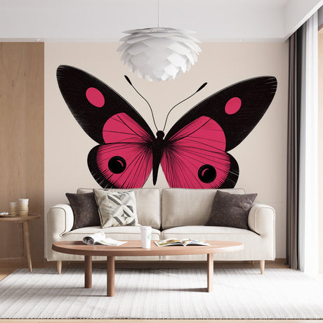 Modern Pink Butterfly Wallpaper styled in a bright contemporary living room with minimalist furniture