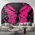 Modern pink butterfly wallpaper creating dramatic impact in a minimalist living room with black accents