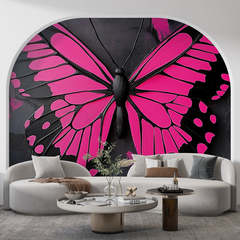 Modern pink butterfly wallpaper creating dramatic impact in a minimalist living room with black accents